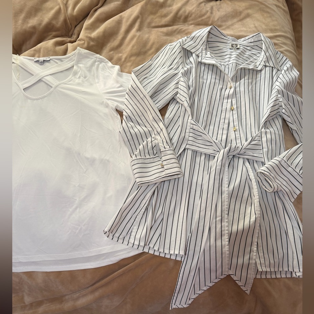 Anne Klein Black and White Striped Button-Down Shirt & White Tee Lot L